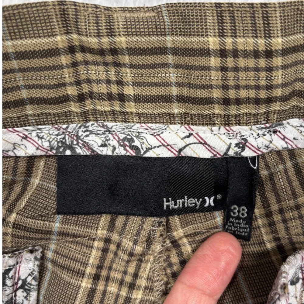 Y2K Hurley Plaid Shorts Men 38‎ Tannish Green Checkered Flat Front Casual Street